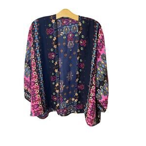 Vibrant Floral Kimono Navy Blue with pink and purple accents cotton blend M